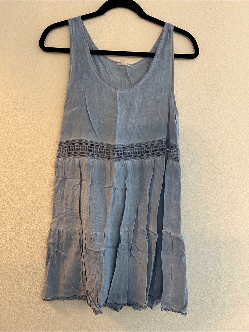 En Creme Light Blue Sleeveless Tiered Cotton Dress